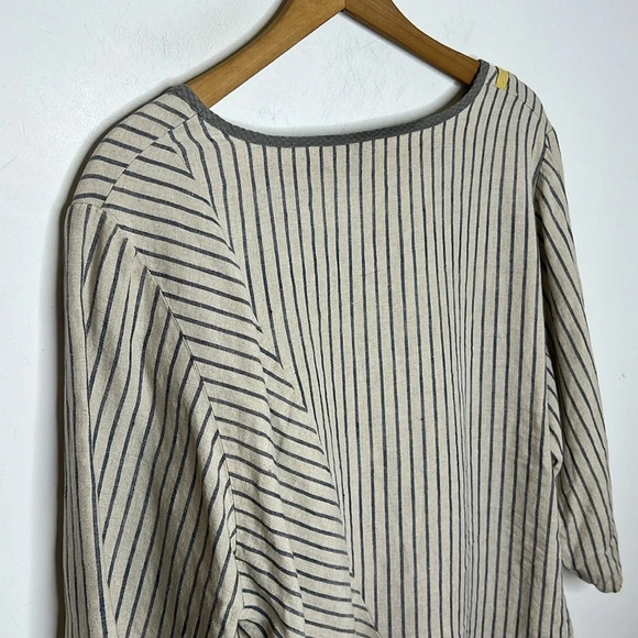 KHANGURA 100% Linen Lagenlook Artsy Striped Hi Low Tunic Mixed Print Blouse - Picture 7 of 12